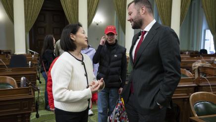 Assemblymember Haney and Haney Moy at the Adjournment in Memory of Connie Moy