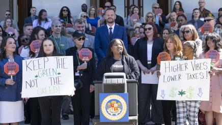 Photo of guest speaker from AB 564 Cannabis Tax Relief Press Conference