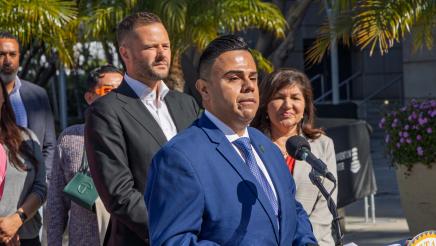 Asm. Haney and guest speaking at AB342 Press Conference