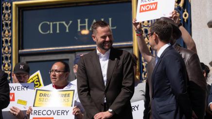 Photo of Asm. Haney and guest at Recovery Housing Presser
