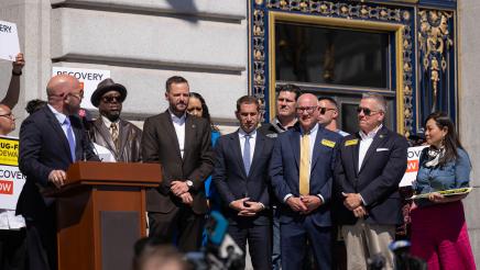 Photo of Asm. Haney and guest speaking at Recovery Housing Presser