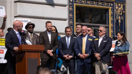 Photo of Asm. Haney and guest speaking at Recovery Housing Presser